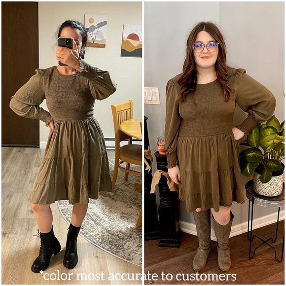 NWT Merokeety Army Green Crew Long Sleeve Smocked Tier Boho Prairie Mini Dress M - Picture 8 of 14